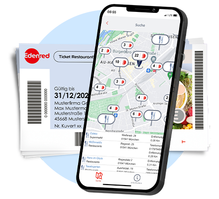 Ticket Restaurant mit Smartphone. App zeigt Karte mit Partner-Restaurants.