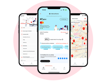Edenred App mit Anzeige des aktuellen Guthabens, Partner-Restaurants und -Geschäfte, allgemeine Informationen
