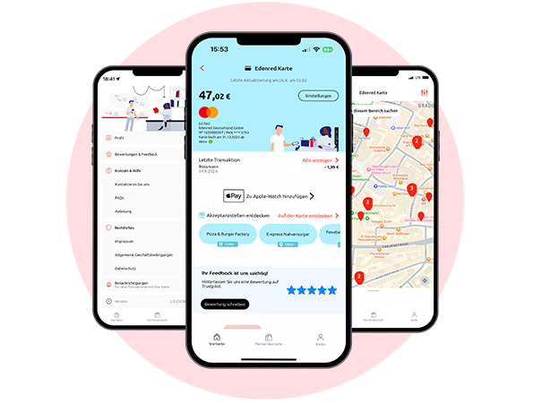 Edenred-App mit Anzeige des aktuellen Guthabens, Partner-Restaurants und -Geschäfte, allgemeine Informationen