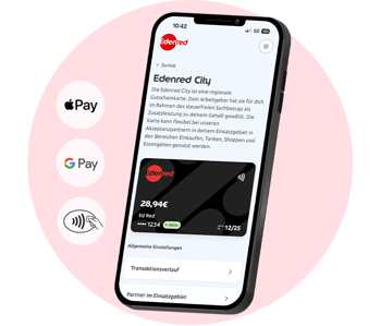 Edenred City Card mit Icons für die Bezahlmöglichkeiten: kontaktlos, Google Pay und Apple Pay