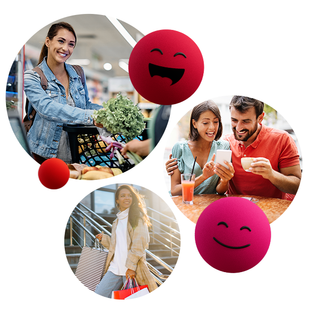 Collage aus Alltagsszenen: Eine Person beim Einkaufen im Supermarkt, ein Paar in einem Café beim Blick auf ein Smartphone und eine Person mit mehreren Einkaufstaschen auf einer Treppe. Zwischen den Bildern schweben fröhliche pinke Emojis.