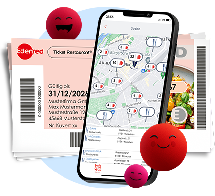 Ticket Restaurant mit Smartphone. App zeigt Karte mit Partner-Restaurants.
