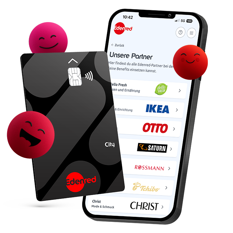 Edenred City Card neben Smartphone mit geöffneter Edenred-App und Übersicht einiger Onlinepartner