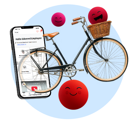 Ein Smartphone mit aauf dessen Display das Mitarbeiterportal fürs Fahrradleasing geöffnet ist. Daneben steht ein klassisches schwarzes Fahrrad mit braunen Griffen und Fahrradkorb