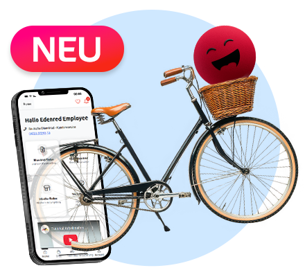 Ein Smartphone auf dessen Display das Mitarbeiterportal fürs Fahrradleasing geöffnet ist. Daneben steht ein klassisches schwarzes Fahrrad mit braunen Griffen und Fahrradkorb; Ein Aufkleber links mit der Aufschrift "Neu"