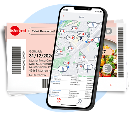 Ticket Restaurant mit Smartphone. App zeigt Karte mit Partner-Restaurants.