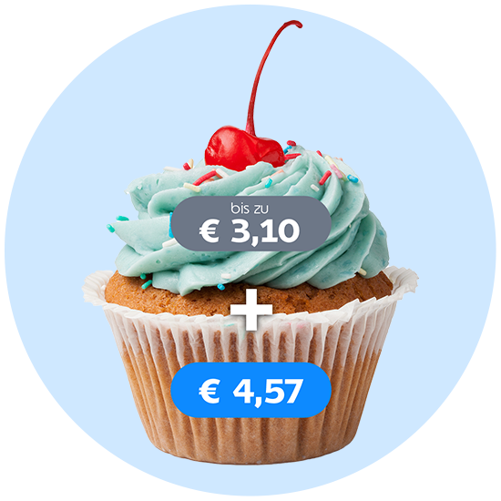 Cupcake auf dem im unteren Teil "4,57 Euro" steht, oben auf dem Sahnetopping steht "bis zu 3,10 Euro"