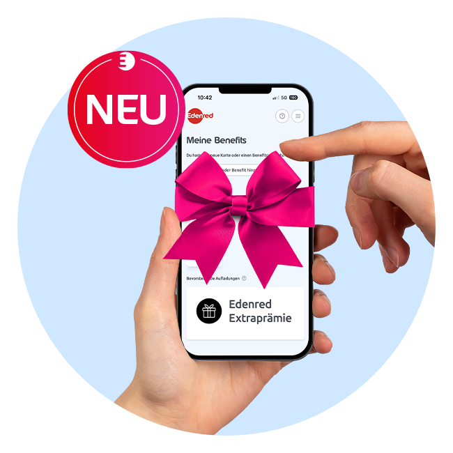 Smartphone mit Edenred App und Überschrift "Meine Benefits", pinker Geschenkschleife und Hinweis auf die neue Edenred Extraprämie. Störer: Neu