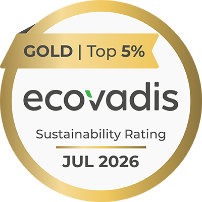 EcoVadis Nachhaltigkeitssiegel in Gold mit der Auszeichnung „Top 5 %“. Das runde Siegel zeigt die Bewertung „Sustainability Rating“ sowie das Datum „Jul 2026“