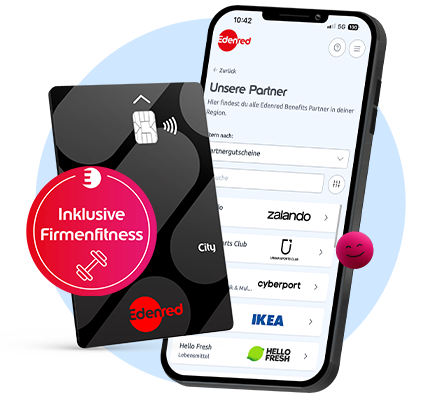 Edenred City Card neben Smartphone mit geöffneter App und Badge "Inklusive Firmenfitness"