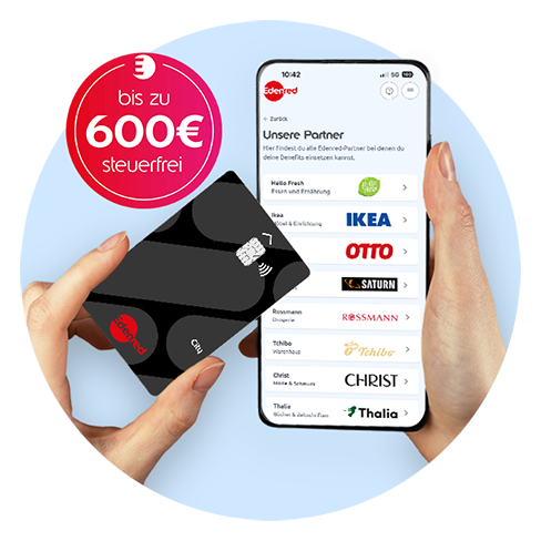 Hände halten eine Edenred City Karte und ein Smartphone mit der Edenred‑App, die verschiedene Partner zeigt. Links oben befindet sich ein pinker Kreis mit dem Hinweis "bis zu 600 € steuerfrei"