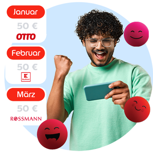 Person hält ein Smartphone in der Hand und ballt die andere vor Freude zur Faust. Links sind drei rote Boxen mit Monatsangaben und Gutscheininformationen als Symbol für die monatlichen Aufladungen: Januar – 50 € Otto, Februar – 50 € Kaufland, März – 50 € Rossmann. Um die Person herum befinden sich drei rote Smileys.