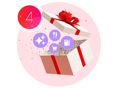 Illustration einer geöffneten Geschenkbox mit roter Schleife und Deckel. Aus der Box steigen lilafarbene Symbole für Restaurant, Einkaufswagen und Tanken auf, umgeben von goldenen Konfetti-Punkten. Links oben befindet sich ein runder Farbverlaufskreis mit der Zahl „4“