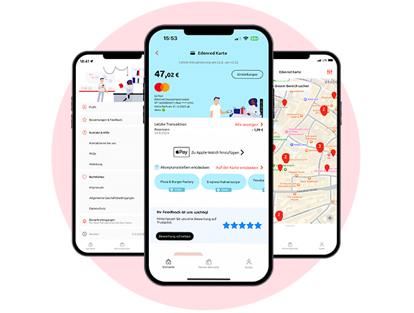 Drei Screens der Edenred-App mit Anzeige des aktuellen Guthabens, Partner-Restaurants und -Geschäfte, allgemeine Informationen