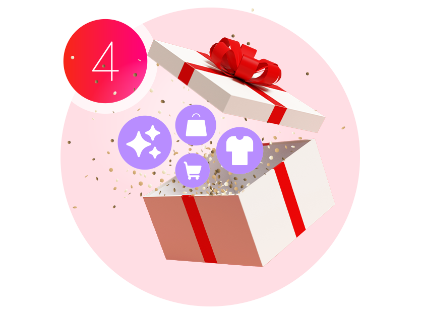 Geöffnete Geschenkbox mit roter Schleife, aus der Konfetti und Shopping-Icons (Einkaufstasche, T‑Shirt, Warenkorb) herausfliegen.