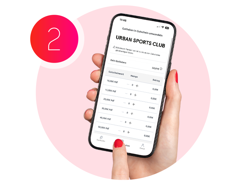 Hand hält Smartphone vor rosafarbenem Kreis mit der Ziffer 2, Bildschirm zeigt in der Edenred-App die Gutscheinwerte für „Urban Sports Club“ mit Auswahlfeldern für Menge und Betrag.