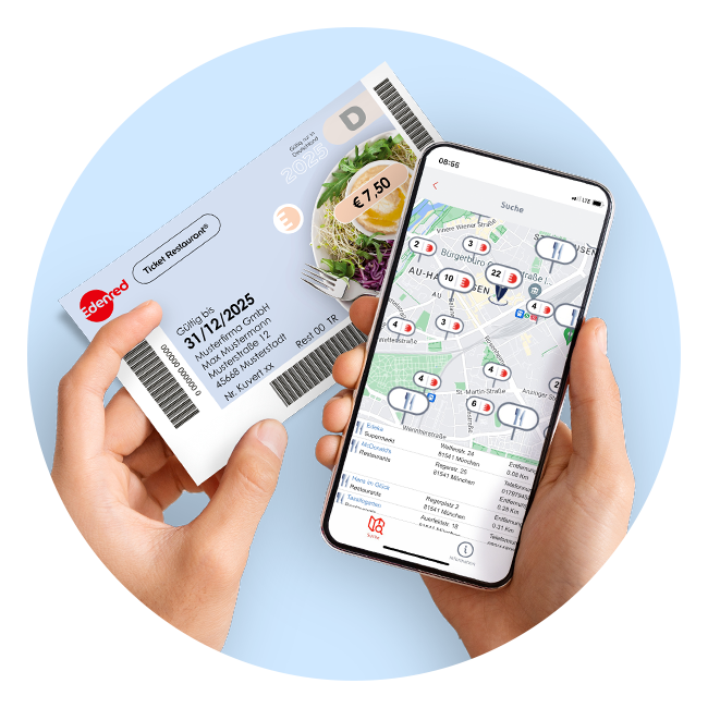 Edenred Ticket Restaurant® vor ein Smartphone gehalten mit geöffneter App und Partnern in der Nähe