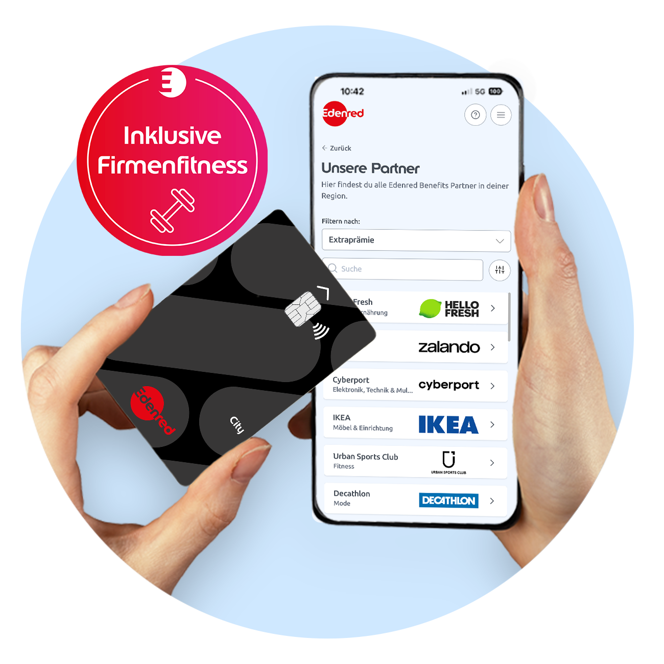 Smartphone mit der Edenred-App und Partnerangeboten (u. a. Urban Sports Club, IKEA, Zalando und HelloFresh) sowie der Edenred City Karte. Daneben ein Badge mit der Aufschrift „Inklusive Firmenfitness“