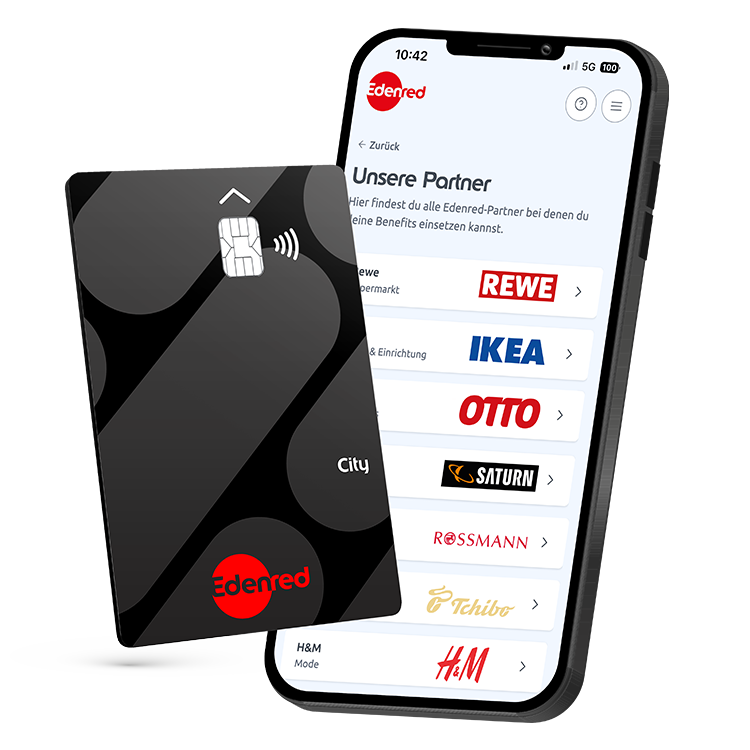Edenred City Card neben Smartphone mit geöffneter Edenred-App und Übersicht einiger Onlinepartner