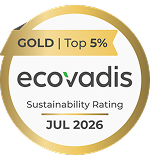 EcoVadis Nachhaltigkeitssiegel in Gold mit der Auszeichnung „Top 5 %“. Das runde Siegel zeigt die Bewertung „Sustainability Rating“ sowie das Datum „Jul 2026“