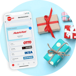 Startseite im MeinGutschein-Konto mit Parnterlogosauf einem Smartphone-Display, daneben Geschenke